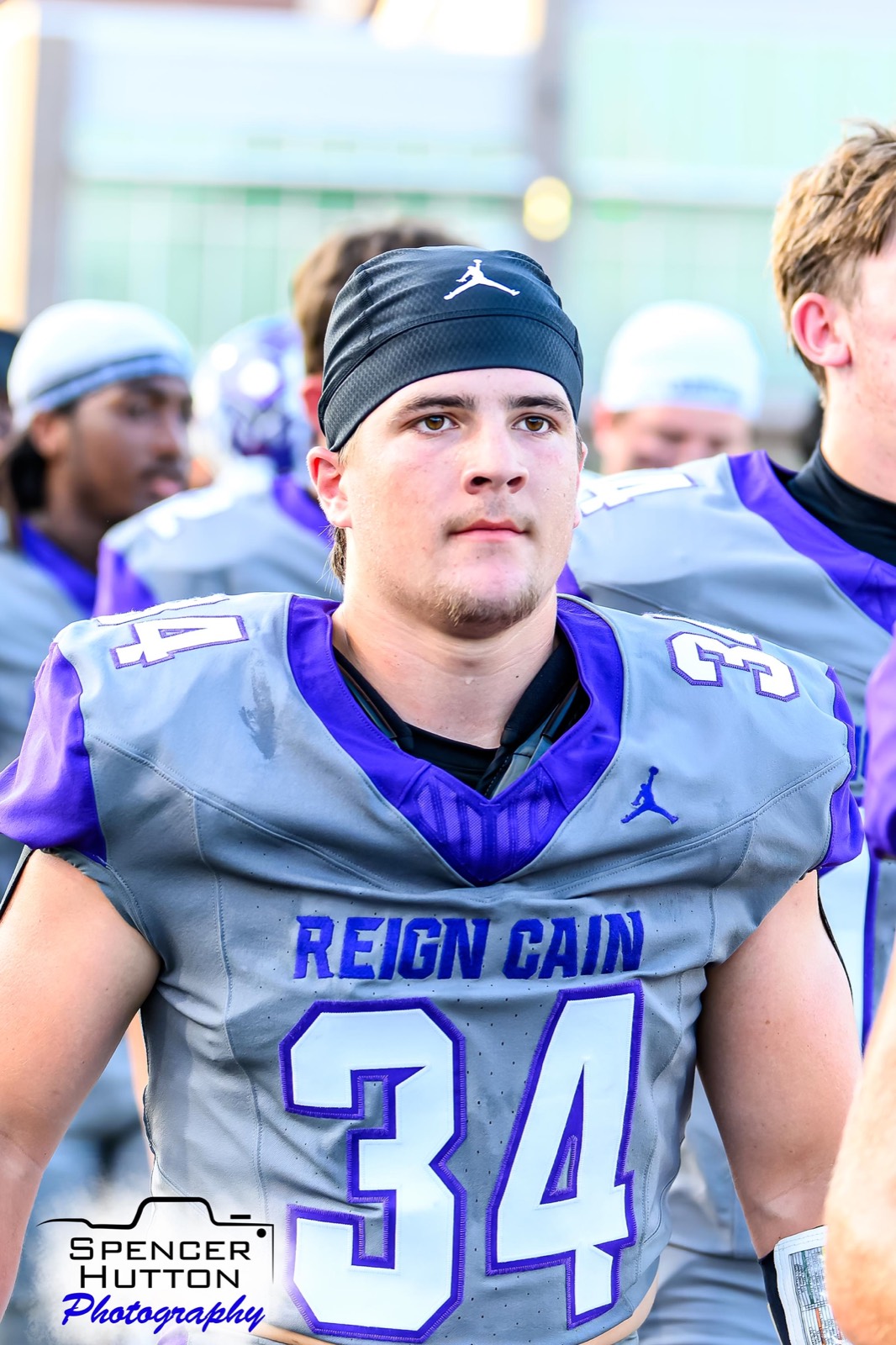 Senior linebacker Gage Hansberger during pregame preparations at Klein Memorial Stadium