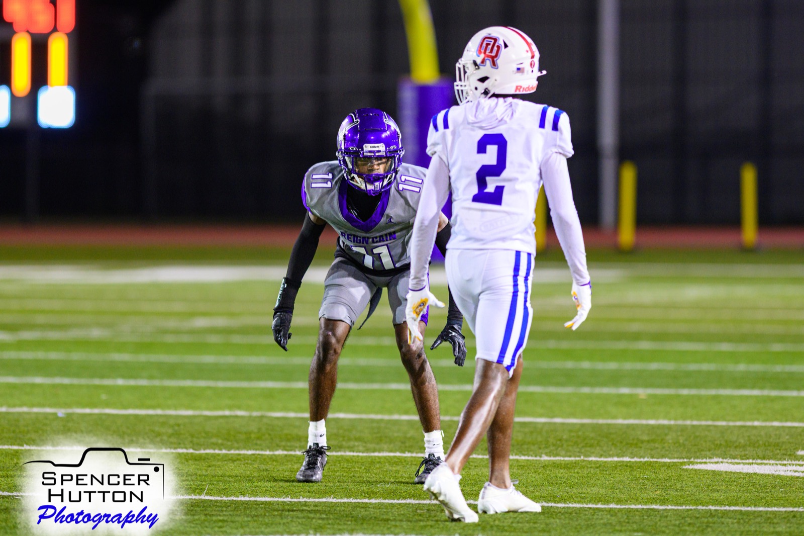 Junior defensive back AJ Carroll lines up in press coverage against an Oak Ridge receiver