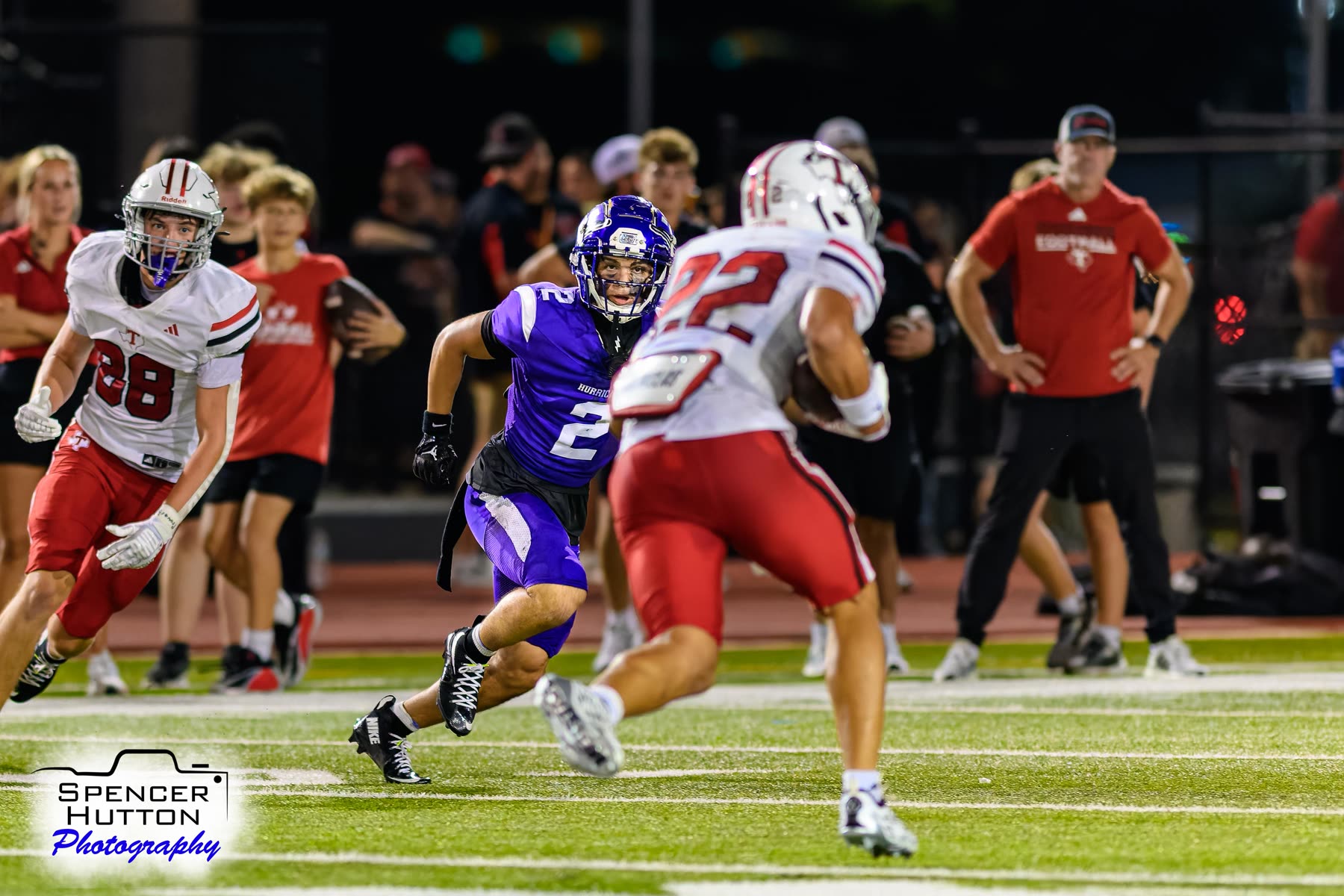 Senior defensive back Michael Elhindi pursues the Tomball ball carrier in the flat